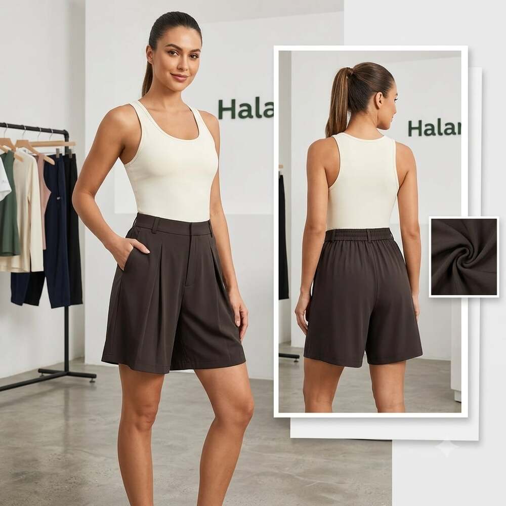 Halara Black High-Waisted Pleated Tailored Bermuda Shorts w/Pockets Sz M